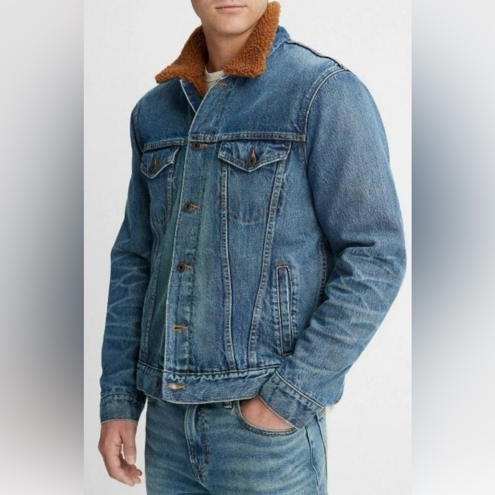 Vince Mohave Blue Denim Trucker Jacket with Brown Sherpa Lining - Picture 12 of 12